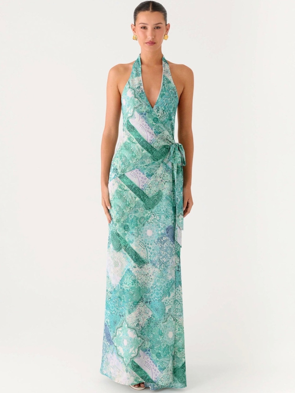 NWT Peppermayo Teal Green Paisley Patterned Halter Maxi Dress Open Back Size 4